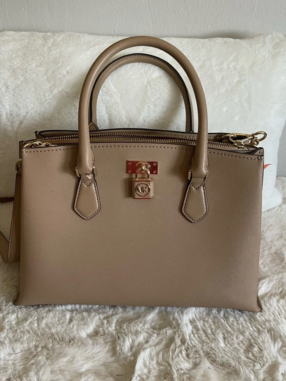 NWT Michael Kors Taupe Saffiano Leather Satchel with Gold Hardware.